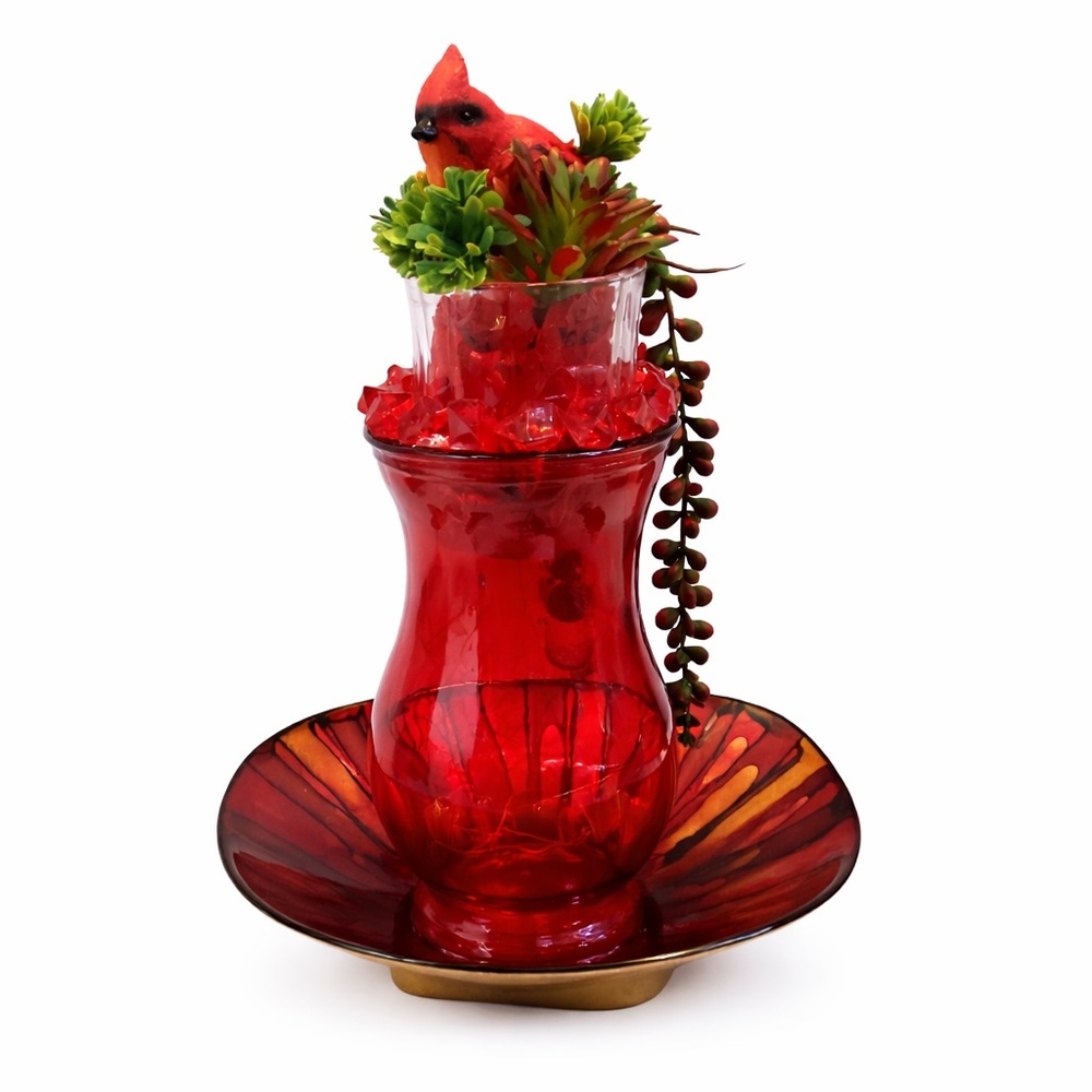 Red Glass Lighted Cardinal Centerpiece Vase Plate Set LED Fairy Lights